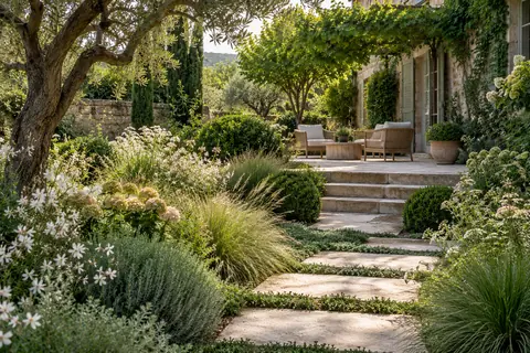 Limestone steps through lush garden planting towards a sheltered terrace.